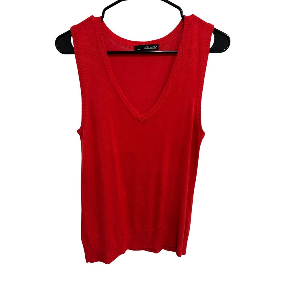Willi Smith Red V-Neck Sleeveless Ribbed Knit Sweater Vest Womens Top Preppy